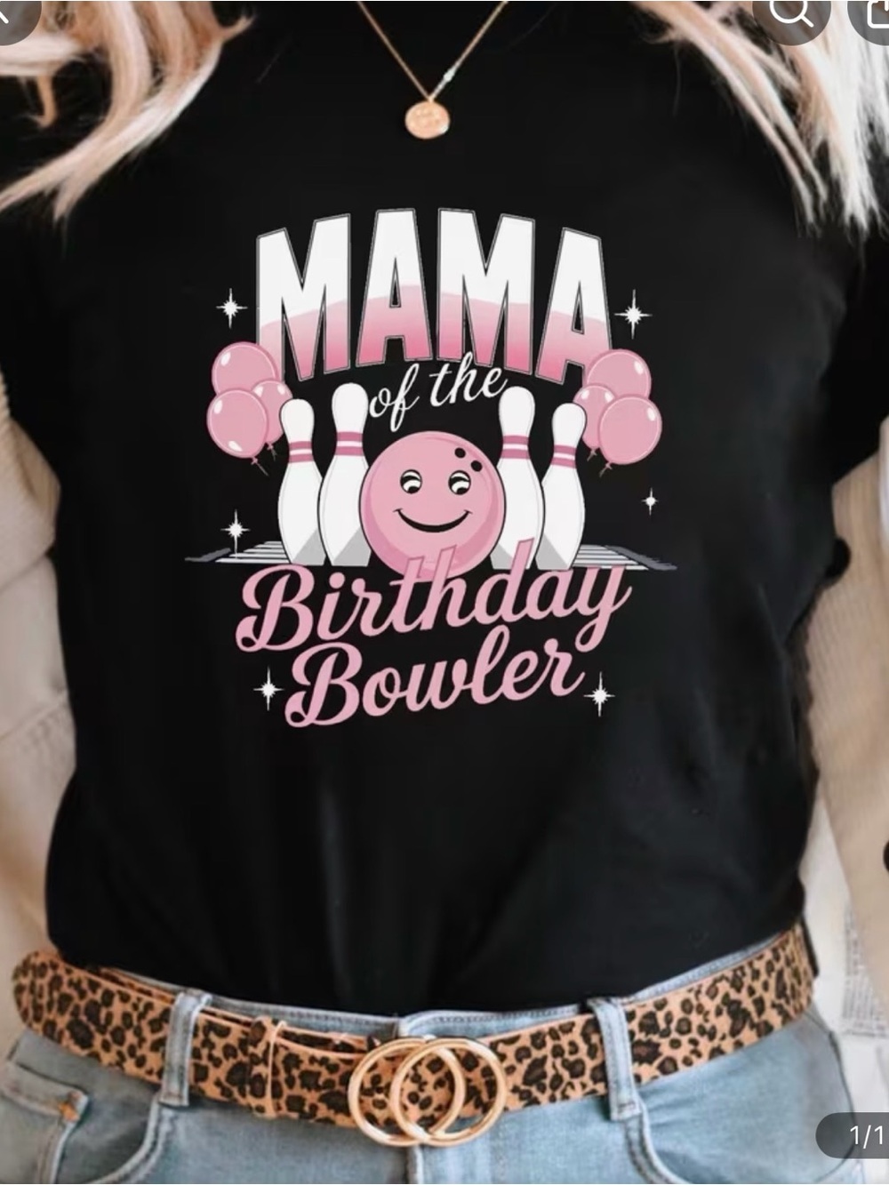 Mama of the Birthday Bowler Graphic Tee - Black with Pink